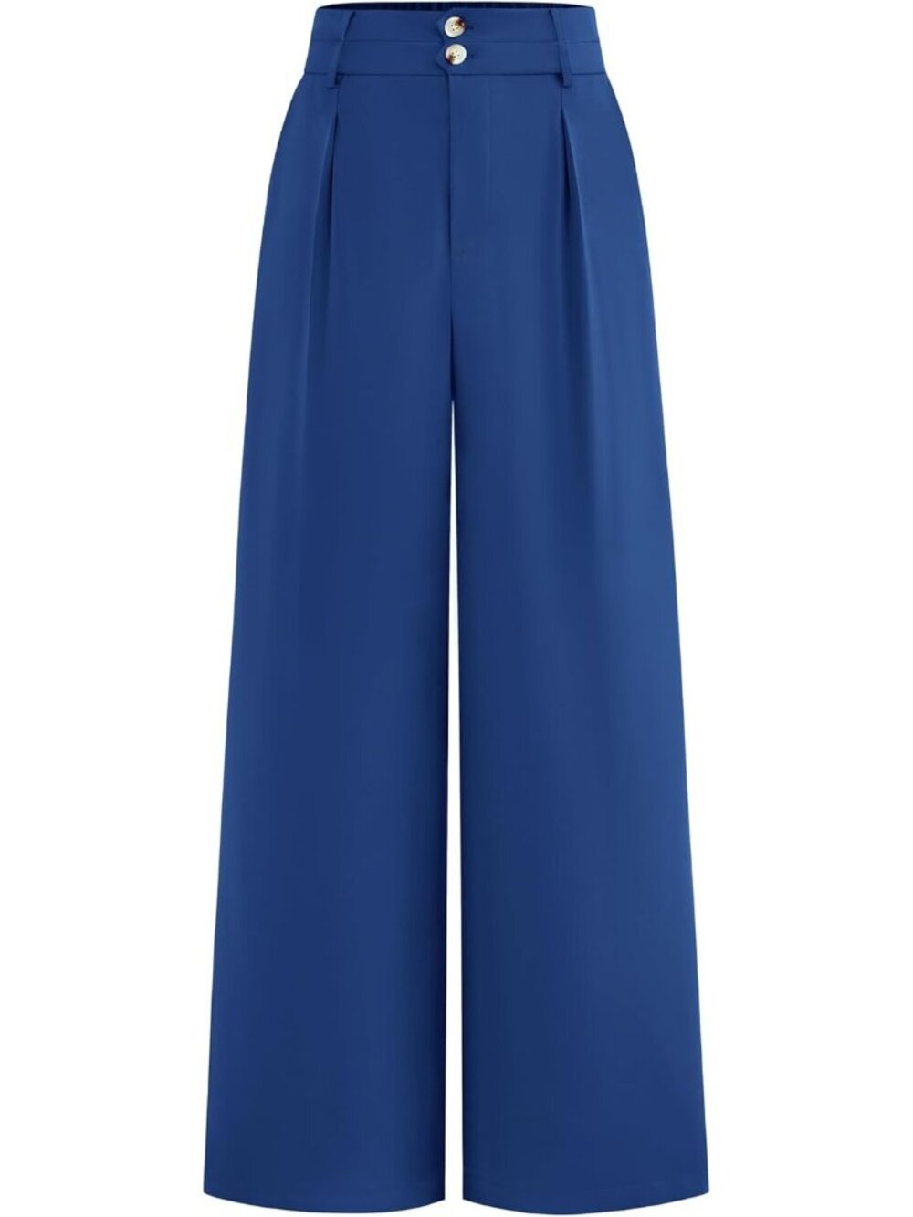 Women Dark Blue High Waisted Button Pleated Business Casual Wide Leg Dress Pants